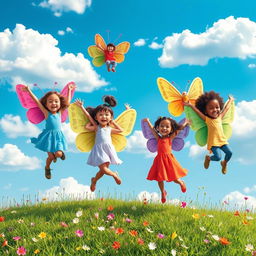 A whimsical scene depicting children with vibrant, butterfly-like wings made of colorful book pages, joyously flying in a bright blue sky filled with fluffy white clouds