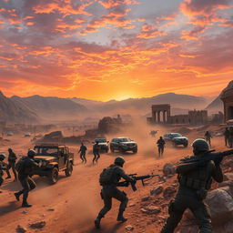 An intense battle scene set in Khorramabad, showcasing the breathtaking landscape with its famous mountainous terrain and ancient architecture