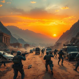 An intense battle scene set in Khorramabad, showcasing the breathtaking landscape with its famous mountainous terrain and ancient architecture