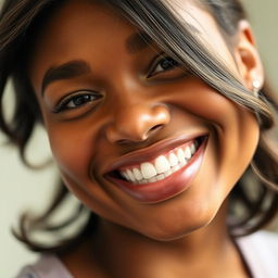 A close-up portrait of a person with a bright, captivating smile that showcases perfect teeth