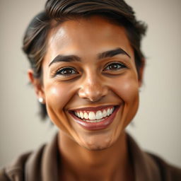 A close-up portrait of a person with a bright, captivating smile that showcases perfect teeth