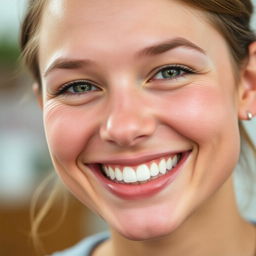 A close-up portrait of a person with a bright, captivating smile that showcases perfect teeth