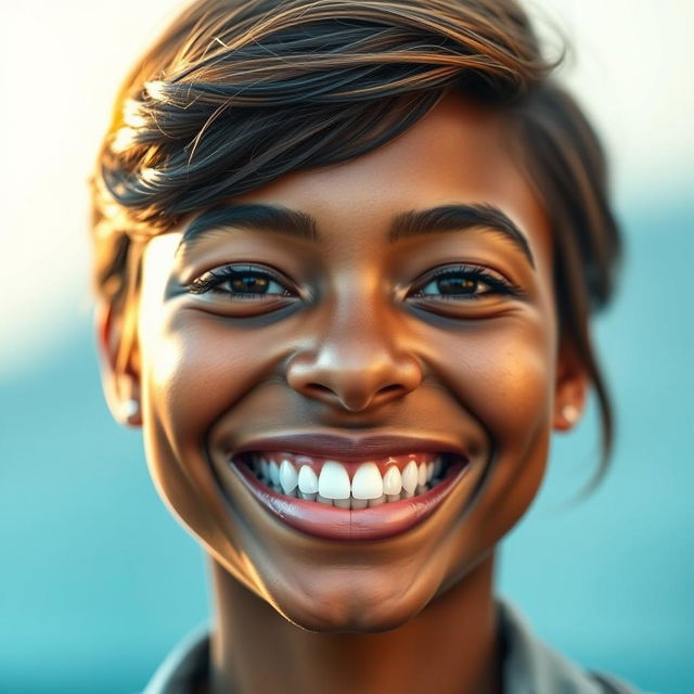 A close-up portrait of a person with a bright, captivating smile that showcases perfect teeth