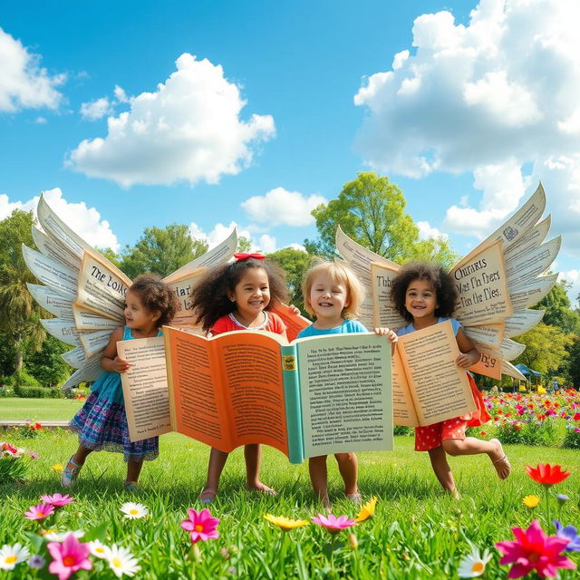 A whimsical scene featuring children with large, colorful wings shaped like open books