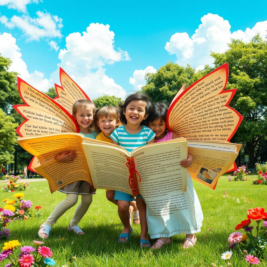 A whimsical scene featuring children with large, colorful wings shaped like open books
