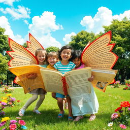 A whimsical scene featuring children with large, colorful wings shaped like open books