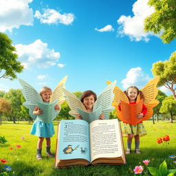 A whimsical scene featuring children with large, colorful wings shaped like open books