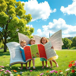A whimsical scene featuring children with large, colorful wings shaped like open books