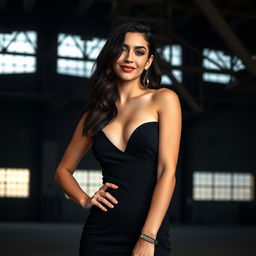 Dua Lipa, a stunning pop star, wearing a chic black v-neck dress
