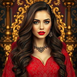 A regal portrait of an Iranian woman with long, wavy chestnut hair flowing down to her waist