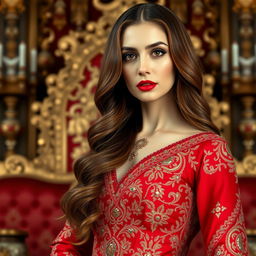 A regal portrait of an Iranian woman with long, wavy chestnut hair flowing down to her waist