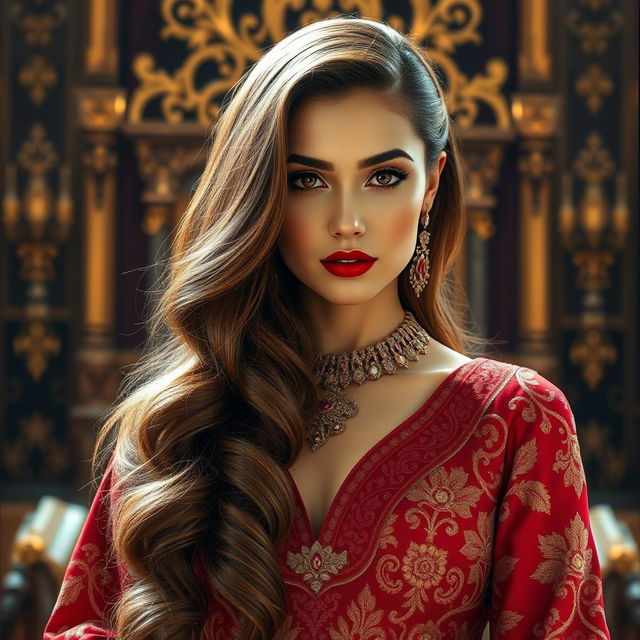 A regal portrait of an Iranian woman with long, wavy chestnut hair flowing down to her waist