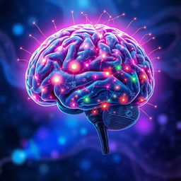 A visually captivating representation of neuroscience, featuring a brain with glowing synapses and neural pathways, intricate networks of interconnected neurons, and vibrant colors that symbolize brain activity