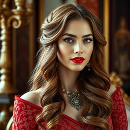 A regal portrait of an Iranian woman with lovely, wavy chestnut hair cascading down to her waist