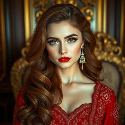 A regal portrait of an Iranian woman with lovely, wavy chestnut hair cascading down to her waist
