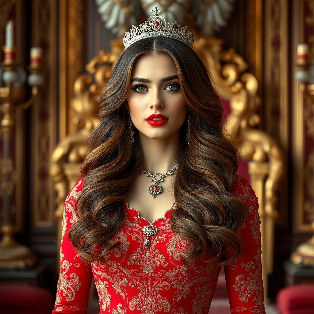 A regal portrait of an Iranian woman with lovely, wavy chestnut hair cascading down to her waist