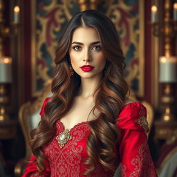 A regal portrait of an Iranian woman with lovely, wavy chestnut hair cascading down to her waist