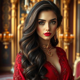 A royal portrait of an Iranian woman with wavy dark brown hair cascading down to her waist