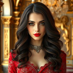 A royal portrait of an Iranian woman with wavy dark brown hair cascading down to her waist