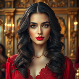 A royal portrait of an Iranian woman with wavy dark brown hair cascading down to her waist