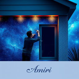 A person passionately painting on a wall of a house, surrounded by a stunning galaxy blue background