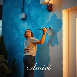 A person passionately painting on a wall of a house, surrounded by a stunning galaxy blue background