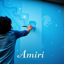 A person passionately painting on a wall of a house, surrounded by a stunning galaxy blue background