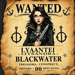 A vintage-style wanted poster featuring Captain Lysandra Blackwater, the cunning and charismatic pirate queen