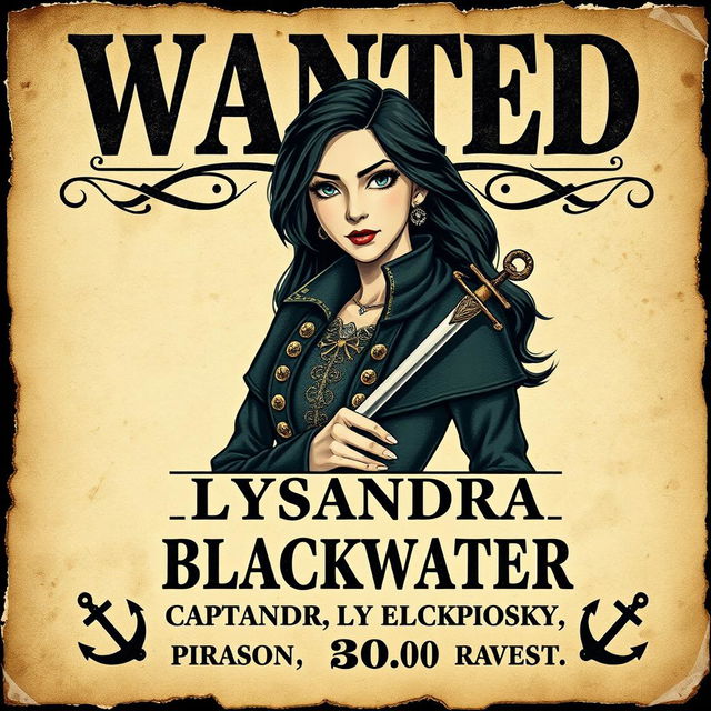 A vintage-style wanted poster featuring Captain Lysandra Blackwater, the cunning and charismatic pirate queen