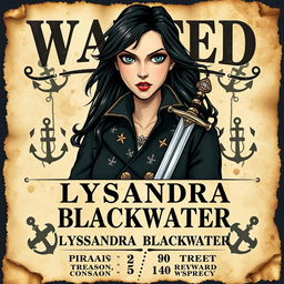 A vintage-style wanted poster featuring Captain Lysandra Blackwater, the cunning and charismatic pirate queen