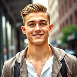 a beautiful young man with striking features, wearing a stylish outfit, with perfectly styled hair, standing confidently against an urban backdrop, soft natural light illuminating his face, showcasing his charming smile and deep expressive eyes