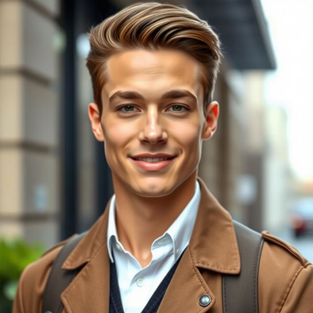 a beautiful young man with striking features, wearing a stylish outfit, with perfectly styled hair, standing confidently against an urban backdrop, soft natural light illuminating his face, showcasing his charming smile and deep expressive eyes