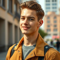 a beautiful young man with striking features, wearing a stylish outfit, with perfectly styled hair, standing confidently against an urban backdrop, soft natural light illuminating his face, showcasing his charming smile and deep expressive eyes