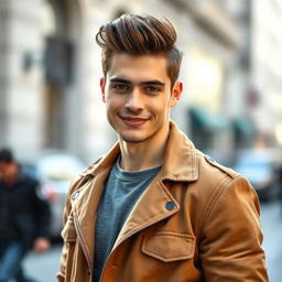 a beautiful young man with striking features, wearing a stylish outfit, with perfectly styled hair, standing confidently against an urban backdrop, soft natural light illuminating his face, showcasing his charming smile and deep expressive eyes