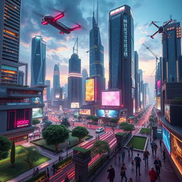 A futuristic cityscape in the year 2040, featuring towering skyscrapers with advanced architectural designs, flying cars zipping through a vibrant skyline, and bustling streets filled with people using high-tech gadgets