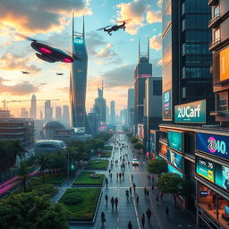 A futuristic cityscape in the year 2040, featuring towering skyscrapers with advanced architectural designs, flying cars zipping through a vibrant skyline, and bustling streets filled with people using high-tech gadgets