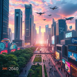 A futuristic cityscape in the year 2040, featuring towering skyscrapers with advanced architectural designs, flying cars zipping through a vibrant skyline, and bustling streets filled with people using high-tech gadgets