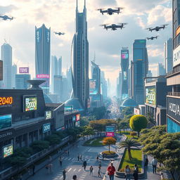 A futuristic cityscape in the year 2040, featuring towering skyscrapers with advanced architectural designs, flying cars zipping through a vibrant skyline, and bustling streets filled with people using high-tech gadgets