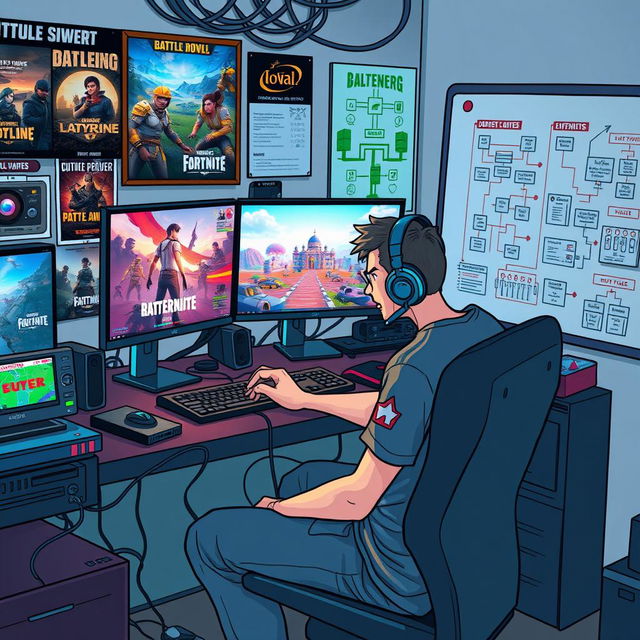 A network engineer sitting at a gaming desk, intensely focused on his computer screen, with multiple monitors displaying a colorful battle royale game