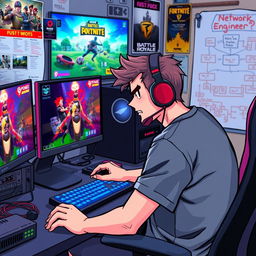 A network engineer sitting at a gaming desk, intensely focused on his computer screen, with multiple monitors displaying a colorful battle royale game