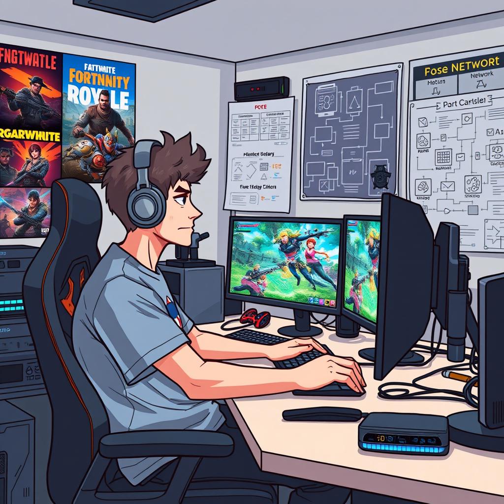 A network engineer sitting at a gaming desk, intensely focused on his computer screen, with multiple monitors displaying a colorful battle royale game