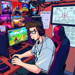 A network engineer sitting at a gaming desk, intensely focused on his computer screen, with multiple monitors displaying a colorful battle royale game