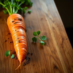 A vibrant and fresh carrot lying on a wooden kitchen table, with dirt on its surface to show it's just been harvested