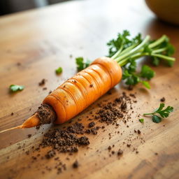 A vibrant and fresh carrot lying on a wooden kitchen table, with dirt on its surface to show it's just been harvested