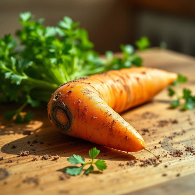 A vibrant and fresh carrot lying on a wooden kitchen table, with dirt on its surface to show it's just been harvested