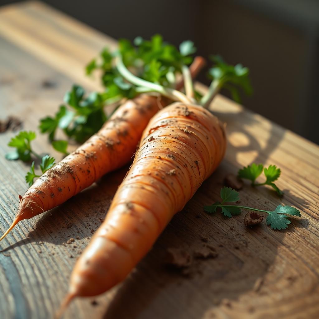 A vibrant and fresh carrot lying on a wooden kitchen table, with dirt on its surface to show it's just been harvested