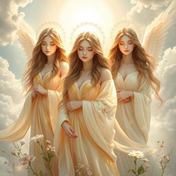 A serene and ethereal depiction of heavenly maidens, often referred to as 'Houri', set against a celestial background featuring soft clouds and a radiant light