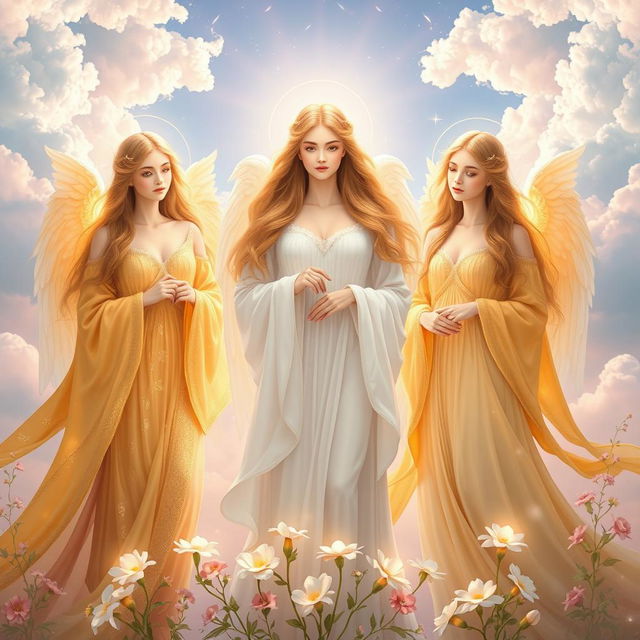 A serene and ethereal depiction of heavenly maidens, often referred to as 'Houri', set against a celestial background featuring soft clouds and a radiant light