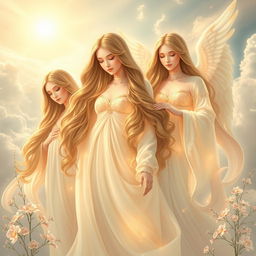 A serene and ethereal depiction of heavenly maidens, often referred to as 'Houri', set against a celestial background featuring soft clouds and a radiant light
