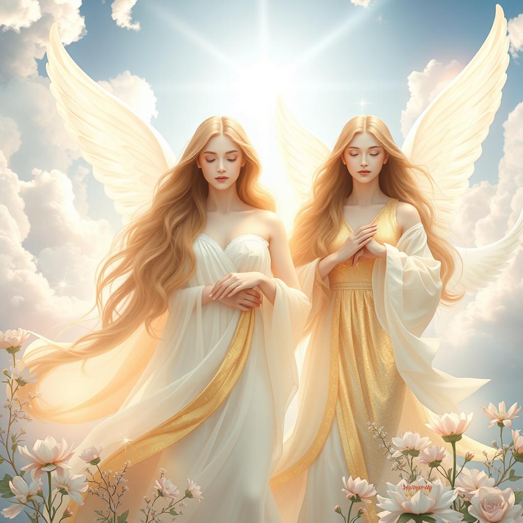 A serene and ethereal depiction of heavenly maidens, often referred to as 'Houri', set against a celestial background featuring soft clouds and a radiant light